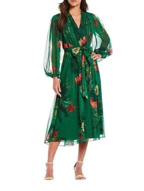 Alex Marie V Neck Sheer Sleeves Green Floral Midi Dress Size 6